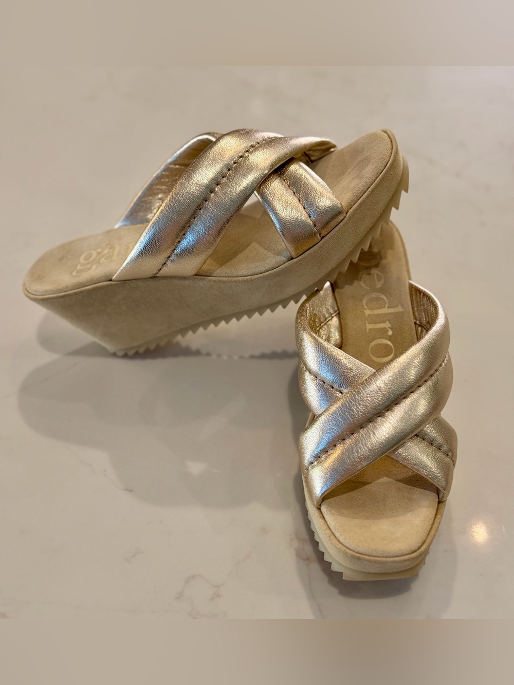 Pedro Garcia Florina Metallic Gold Crisscross Slide Wedges. Size 40EU/10US